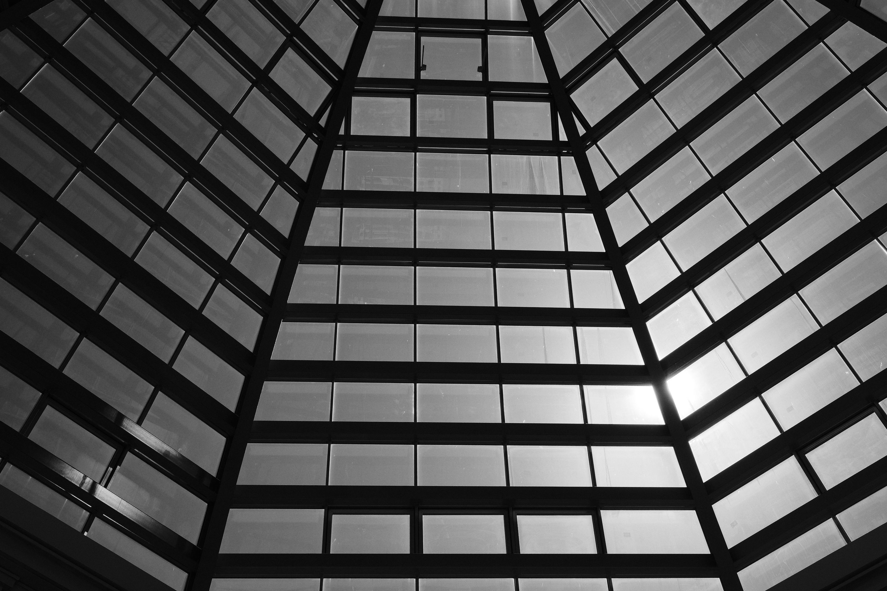 Black and white photo of a geometric glass ceiling with sun shining through.