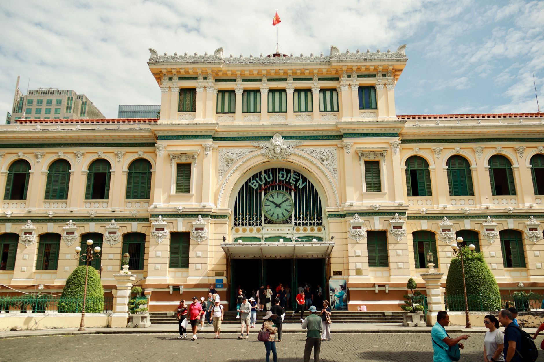 The Central Post Office in Ho Chi Minh City, Vietnam, showcases iconic colonial architecture.