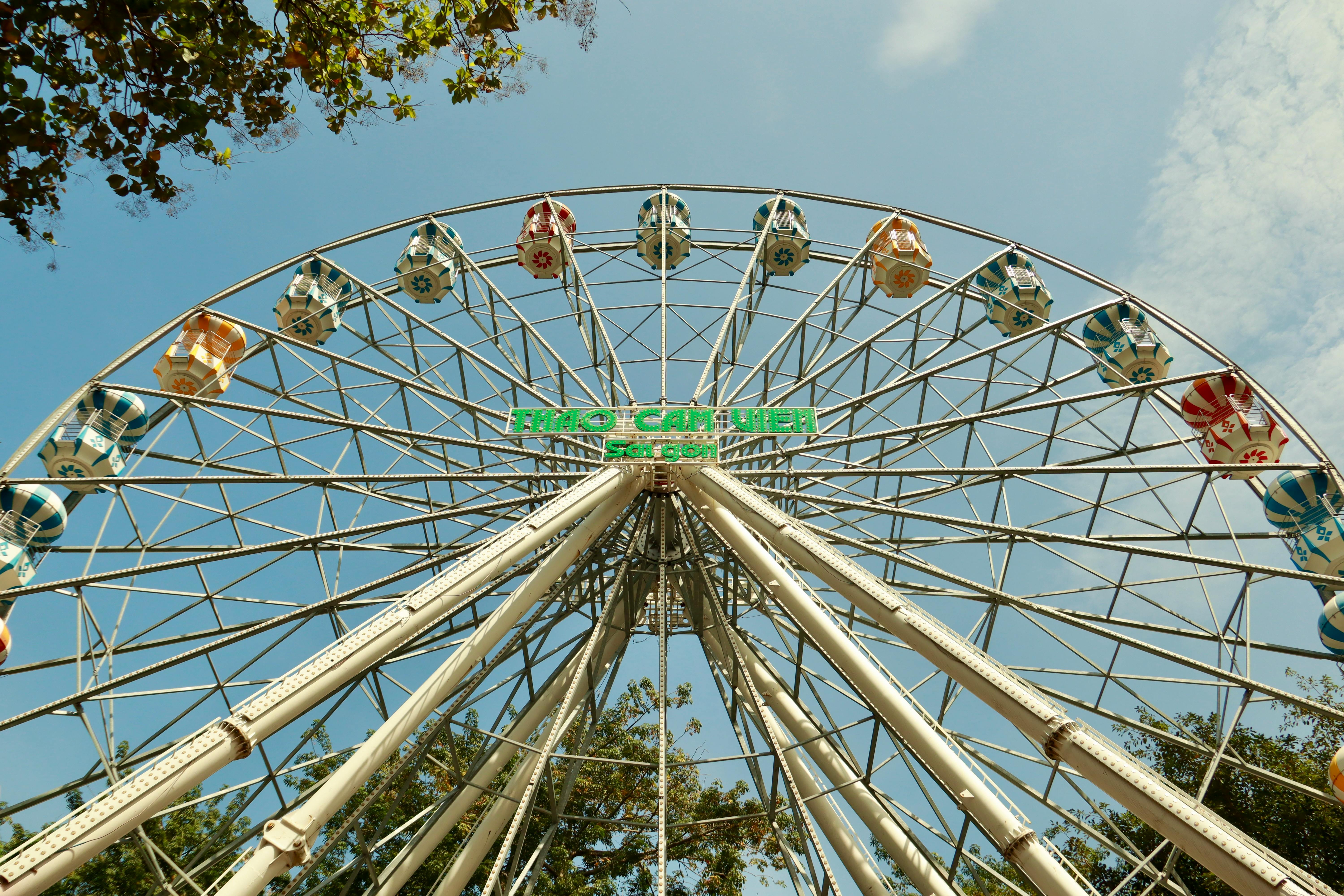 Colorful Ferris wheel viewed from below on a sunny day at a park