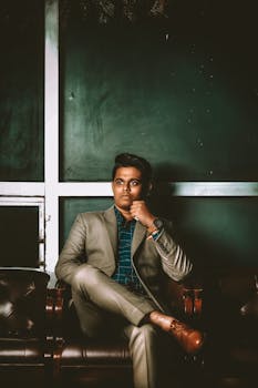 一位时尚的年轻人穿着西装坐在室内，表情若有所思