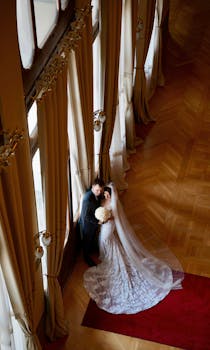 Bride and groom in a luxurious Sarajevo wedding venue with elegant decor.