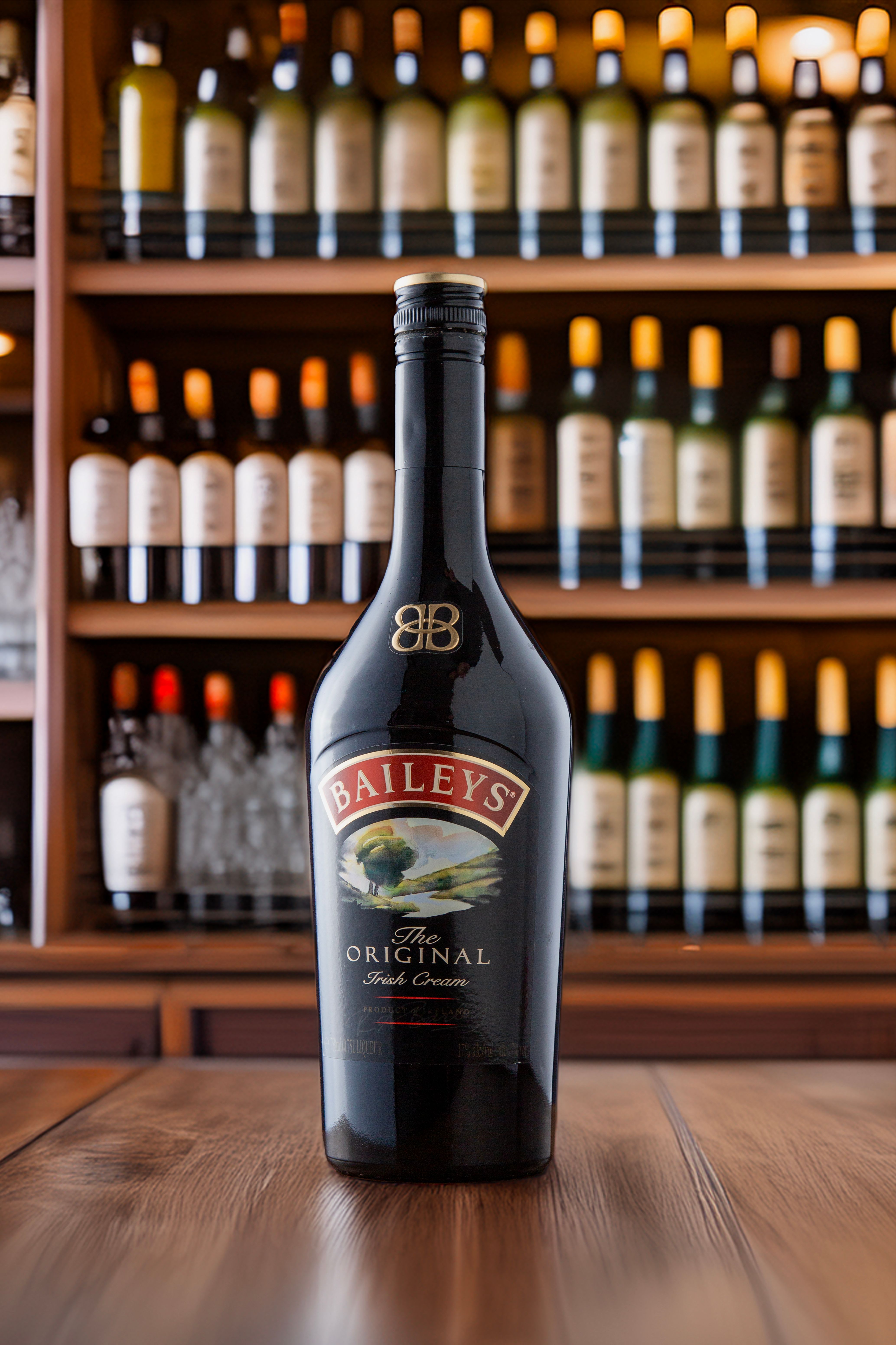 A glass bottle of Irish cream liqueur next to a poured shot showing its pale caramel color and creamy texture, with coffee beans scattered nearby.