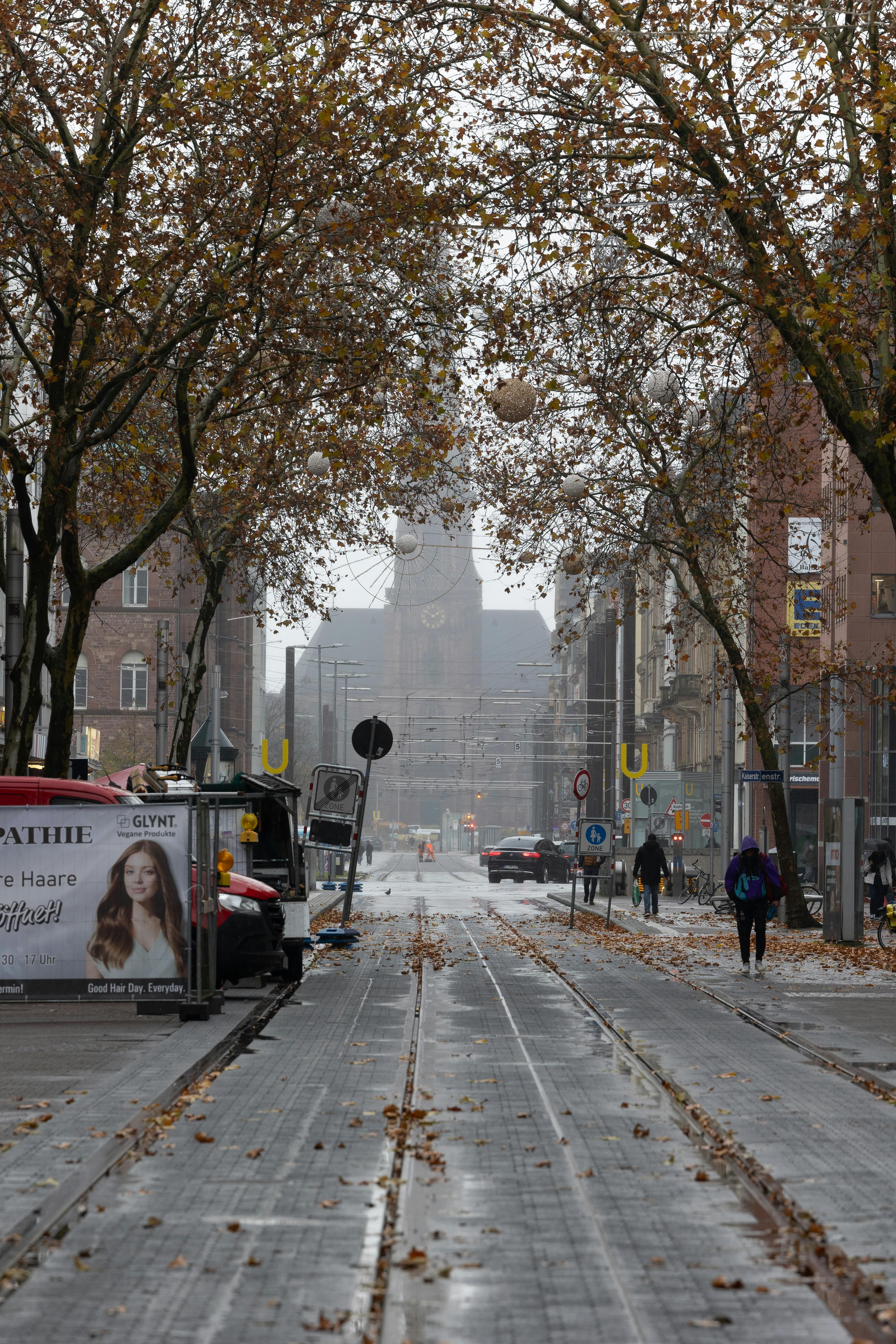 city street in autumn with leafy trees