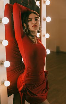 Fashion model in striking red dress posing by a mirror indoors with dramatic lighting.
