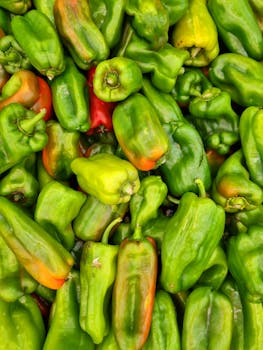 Close-up of vibrant green bell peppers at a market in Brasil.