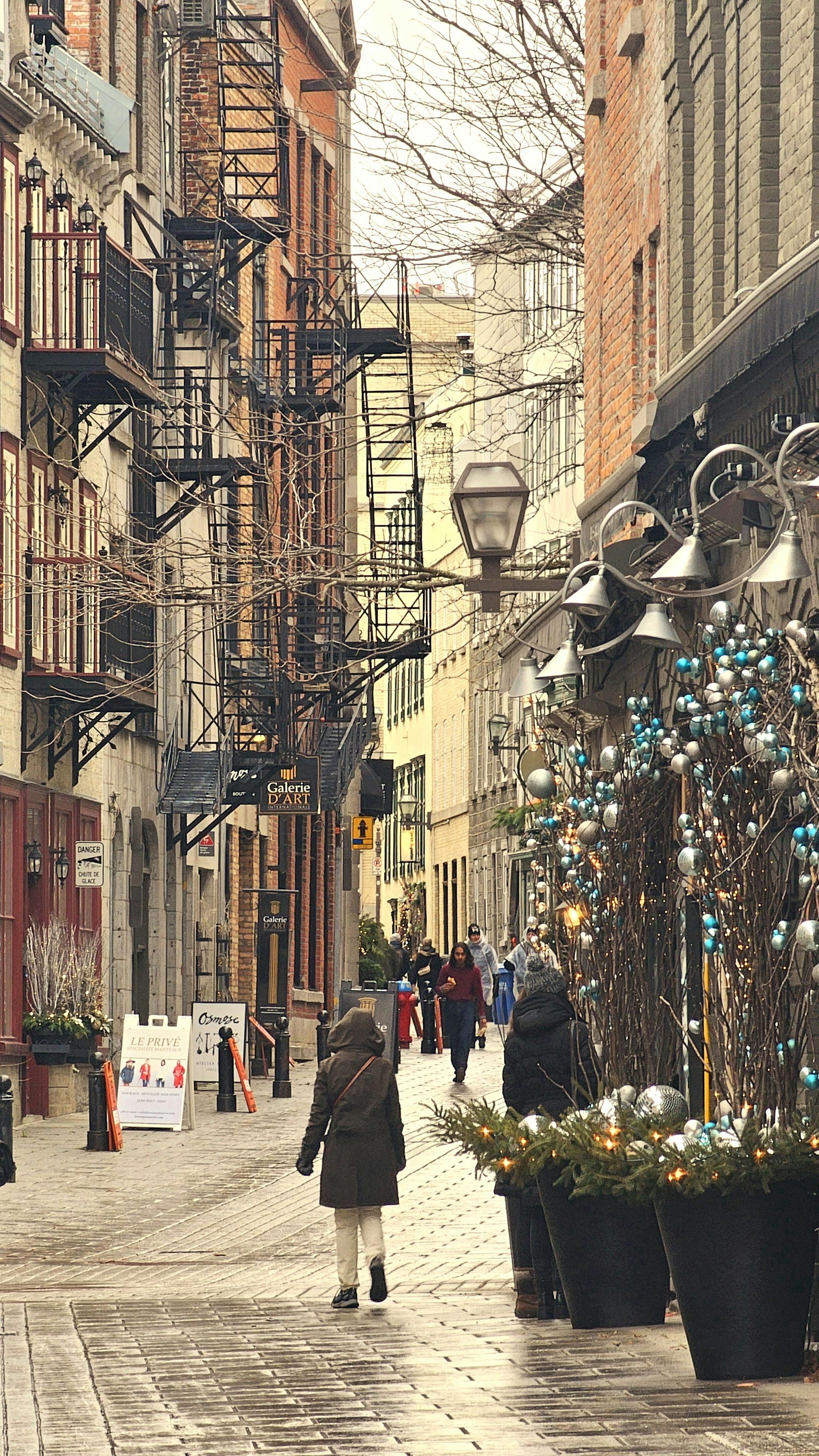 A cozy urban street adorned with holiday decorations and fire escape staircases.