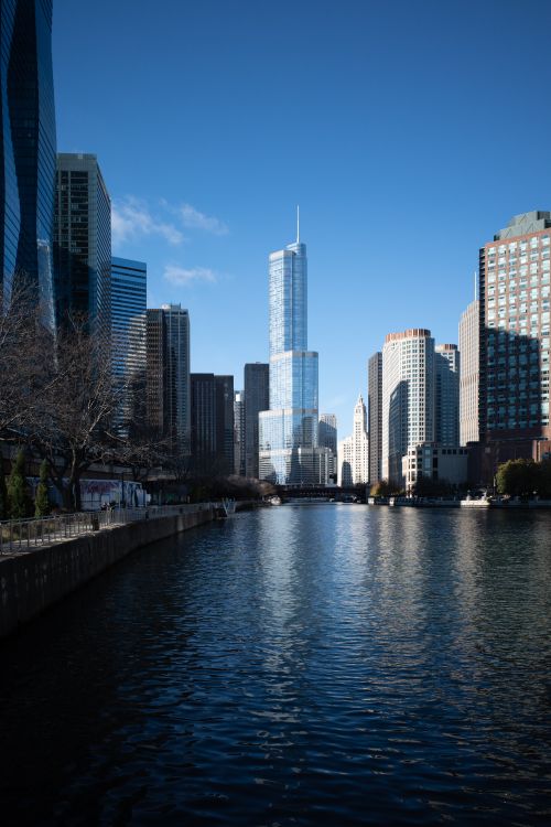 Free Scenic view of Chicago River reflecting modern skyscrapers, including Trump Tower. Stock Photo