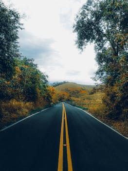 A picturesque road stretches through a verdant countryside, framed by lush trees under a clouded sky.