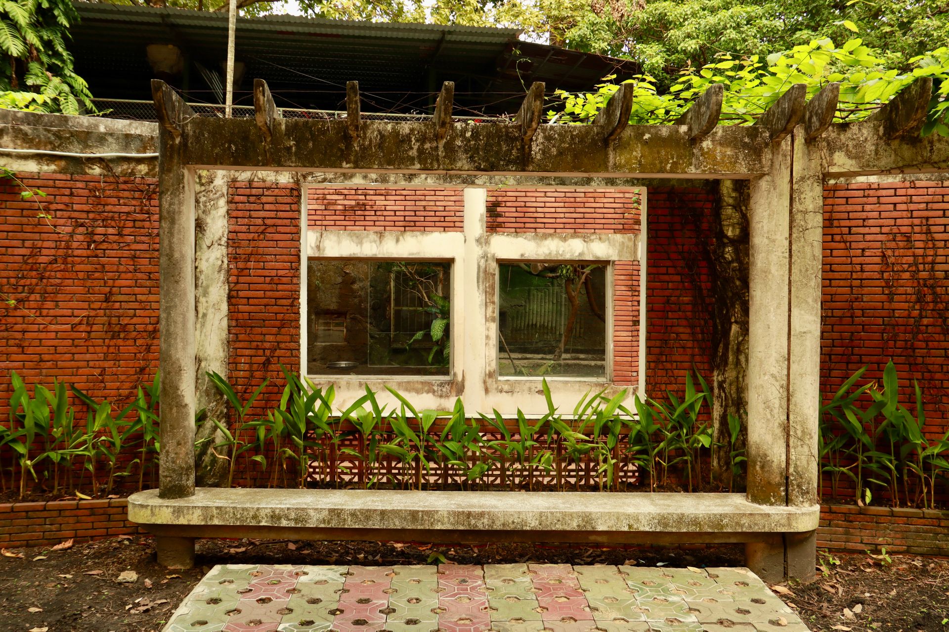 Rustic outdoor setting featuring an aged pergola and lush greenery against a brick wall.