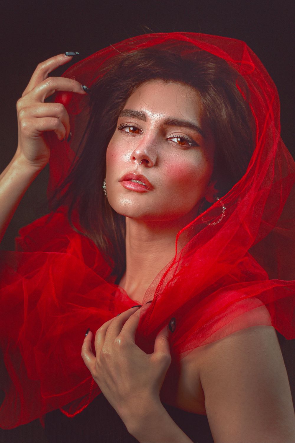 Elegant Portrait of Woman Draped in Red Veil · Free Stock Photo