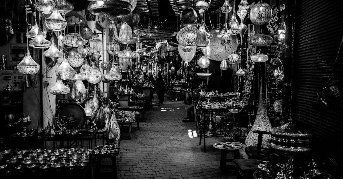 Metal lanterns hanging in a souk stall in Marrakech.