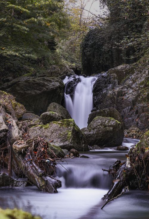 Free A tranquil waterfall cascading over rocks in a lush, green forest setting, perfect for nature enthusiasts. Stock Photo