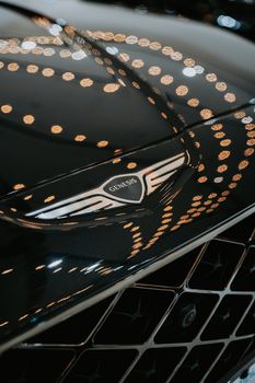 Detailed shot of a Genesis car emblem with artistic reflections on the grill.