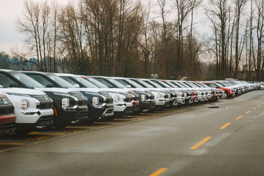 A line of brand new SUVs in an outdoor parking lot during a cloudy day.