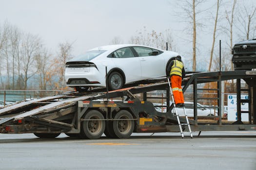 A worker loads a white car onto a truck using a ladder in an outdoor setting.