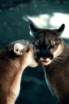 Close-up of two cougars sharing a tender moment in their natural habitat.