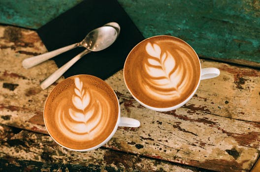 Café latte art on rustic table in Paris, capturing warm coffee moments.