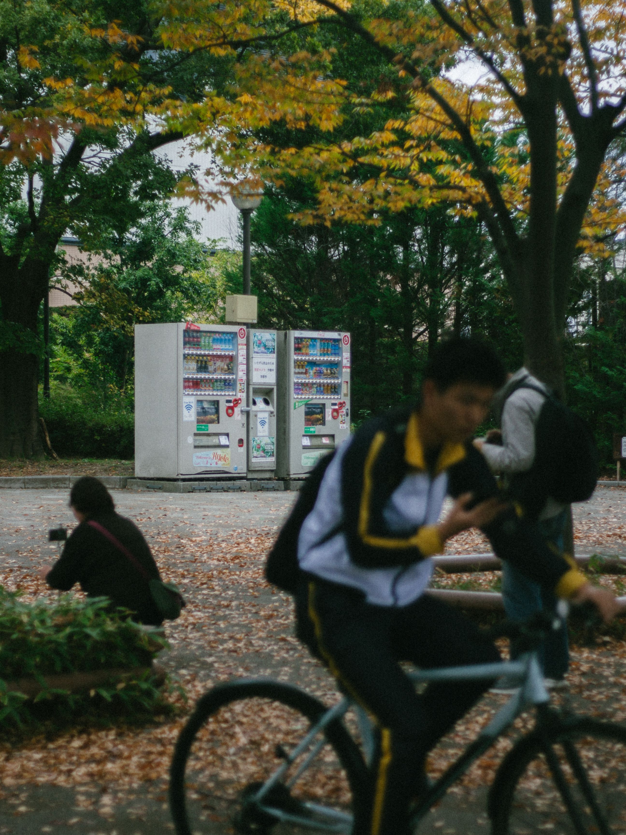 Autumn Scene with Cyclist and Vending Machines · Free Stock Photo