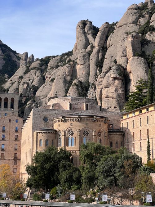 Free Iconic Montserrat Monastery set against the majestic rock formations of Montserrat, Spain. Stock Photo