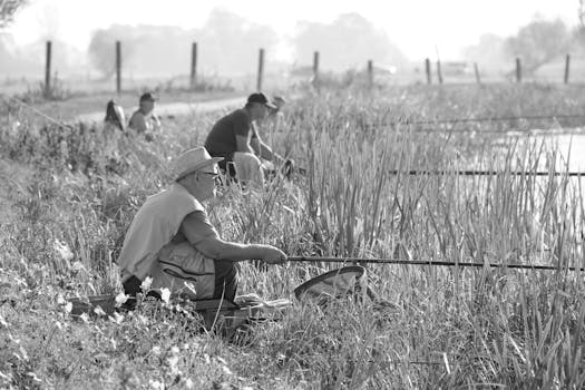 A serene black and white photo of several fishermen along a riverside, casting lines into the water.