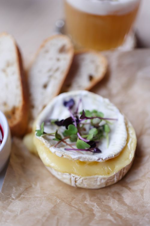 Free Delicious brie cheese topped with fresh microgreens, served with crusty bread. Stock Photo