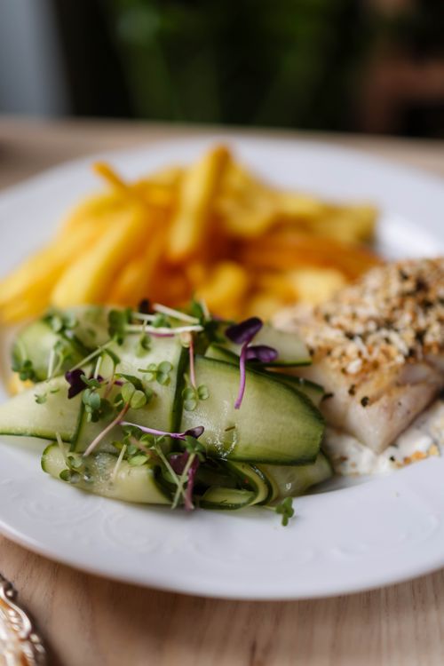 Free Gourmet fish and chips served with a side salad of fresh greens and cucumber slices on a white plate. Stock Photo