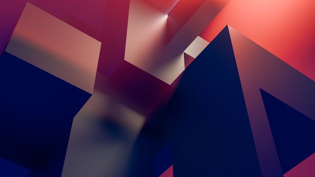 Dynamic abstract geometric shapes with a gradient of dark blue and warm pink tones.