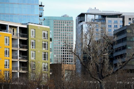 Vibrant cityscape featuring colorful apartment buildings and modern architecture.