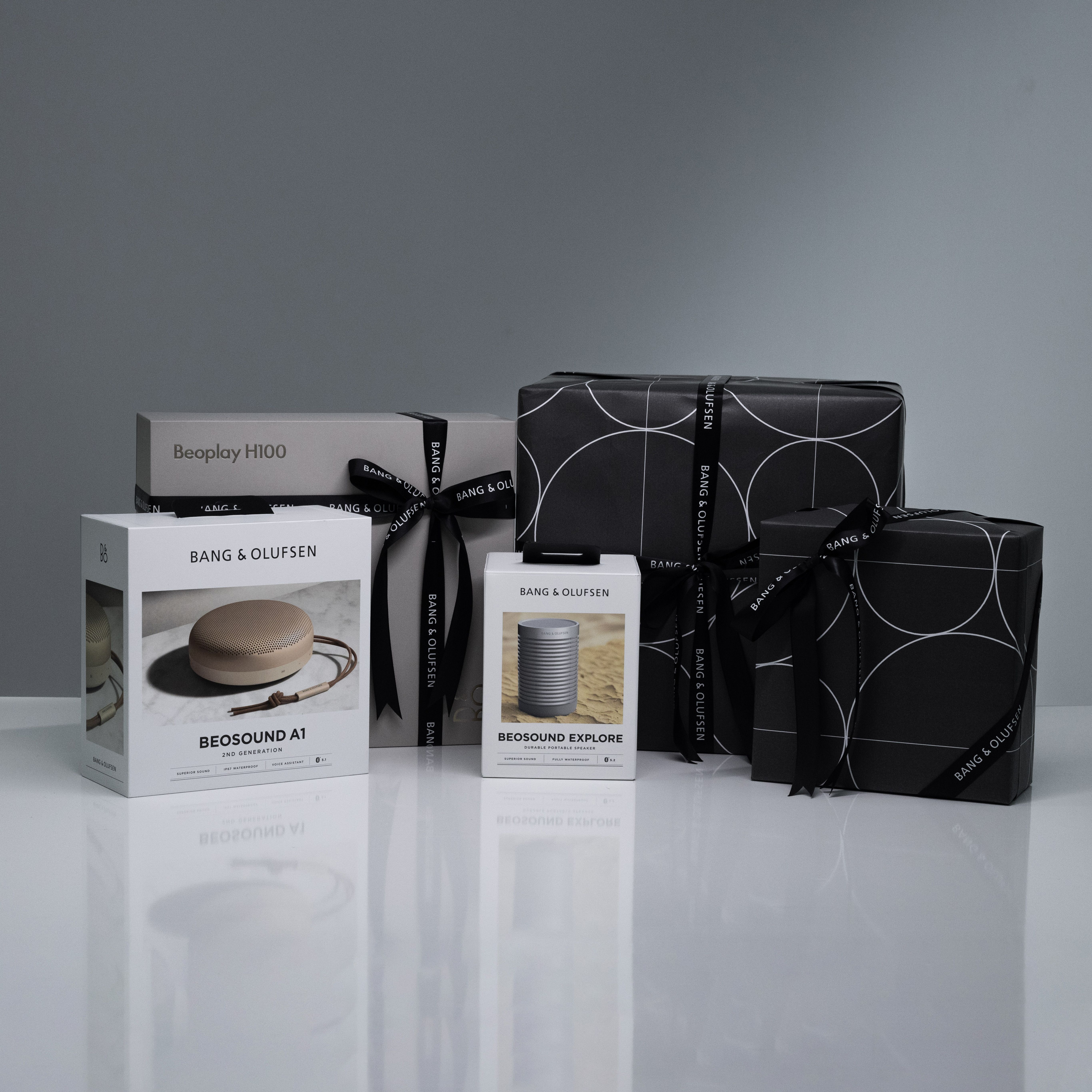 Sophisticated Bang & Olufsen gift packaging with Beosound speakers.