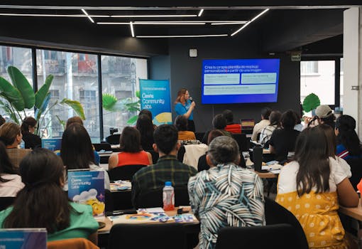A diverse group attending an interactive business presentation in a modern indoor setting.