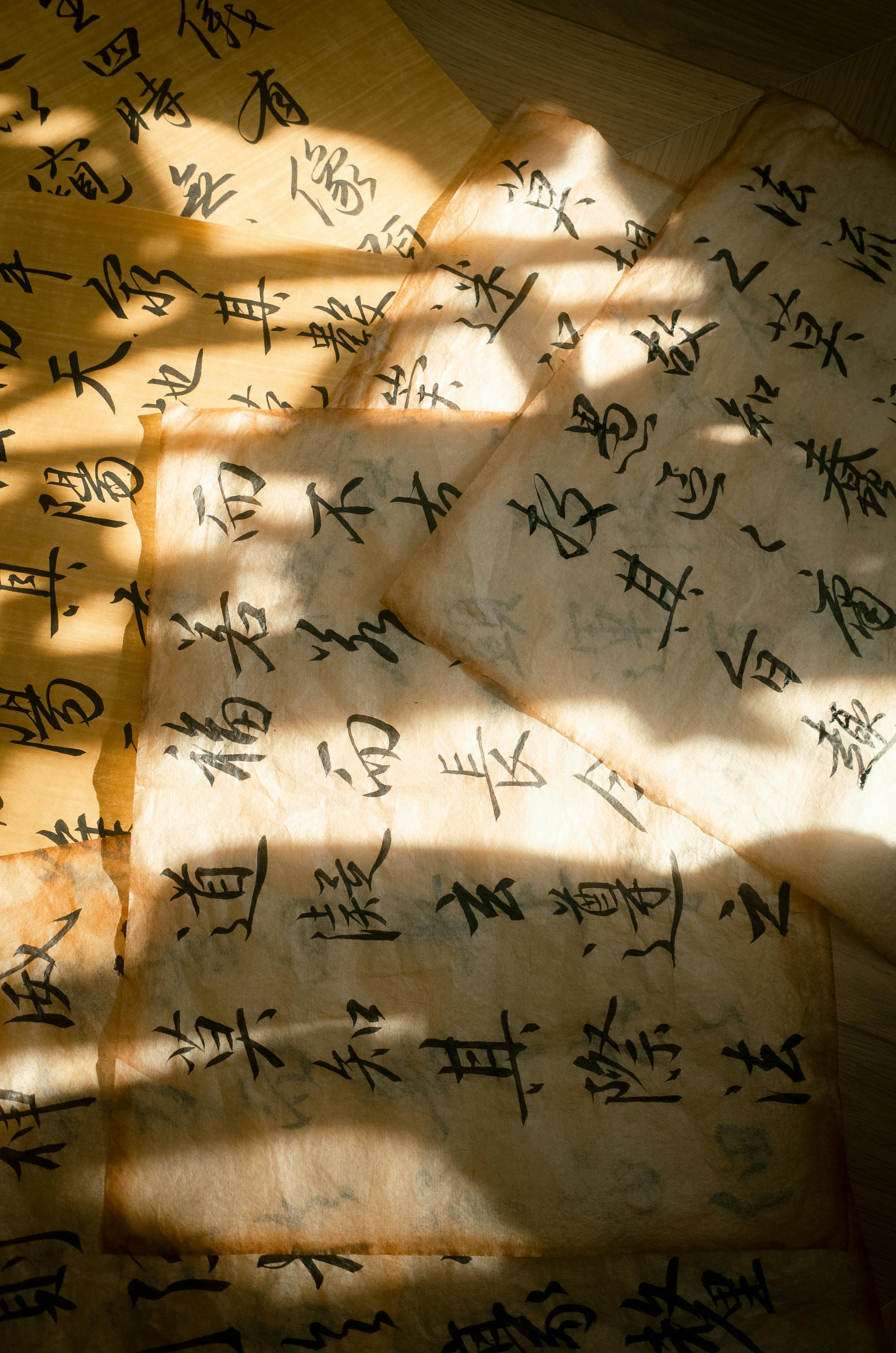 Sunlight casts artistic shadows on Chinese calligraphy sheets, showcasing elegant brushwork.