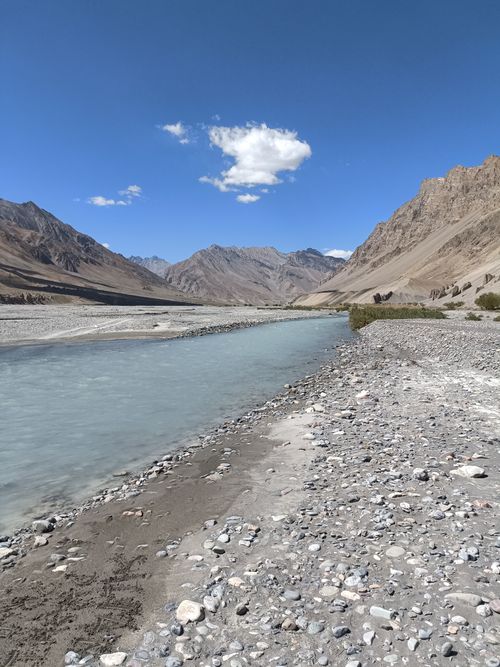 Free A serene view of the Spiti River flowing through the rugged mountains in Kaza, Himachal Pradesh, India. Stock Photo