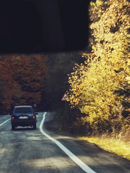 A car travels along a winding forest road surrounded by fall foliage.
