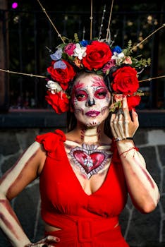 Striking La Catrina makeup with a vibrant floral headpiece in a red dress, captured in Ciudad de México.