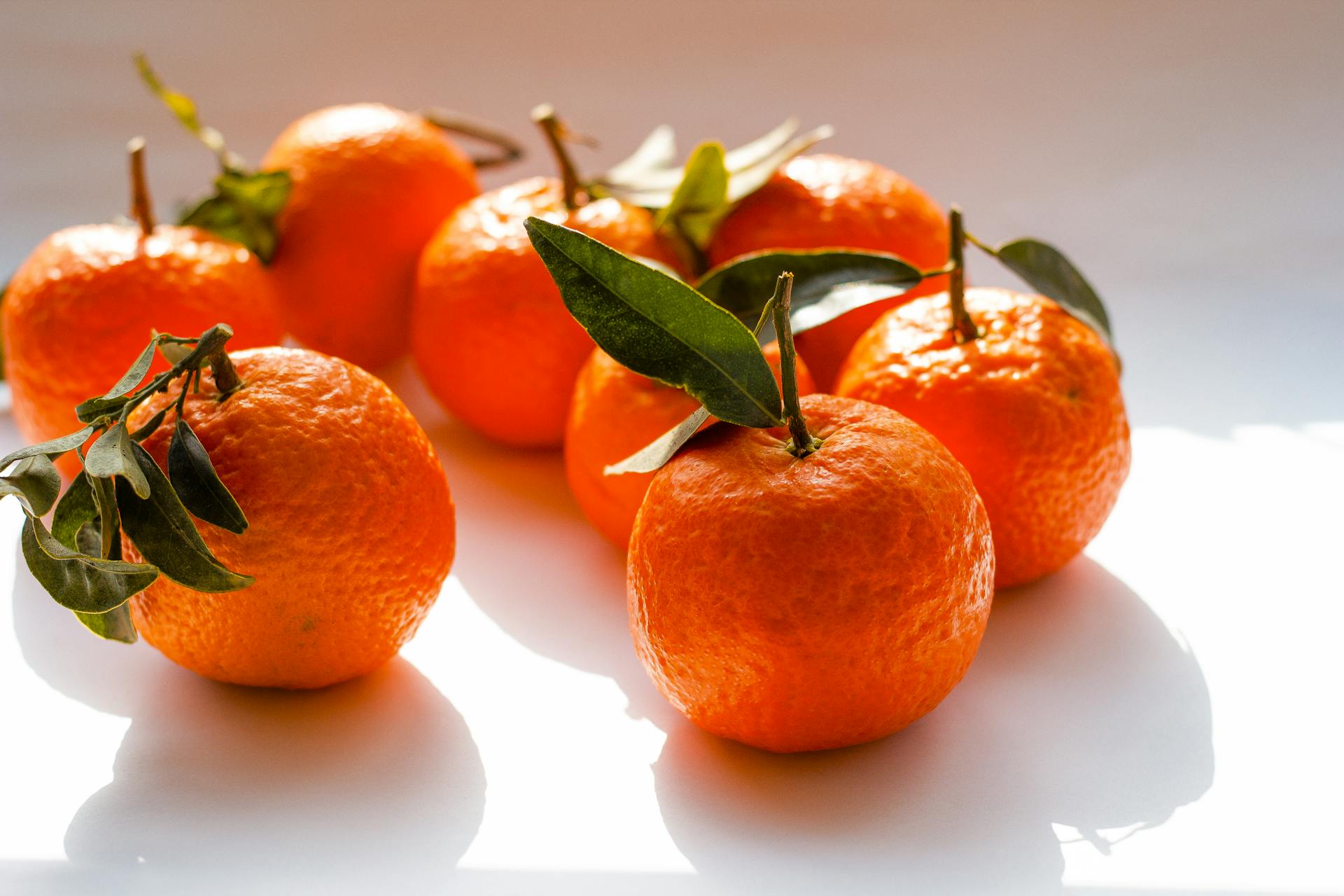 A collection of fresh, vibrant tangerines with leaves, basking in bright sunlight on a white surface.