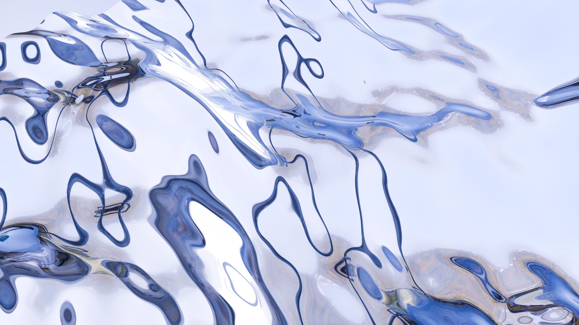 Blue and white abstract liquid metal texture with fluid reflections and smooth waves.