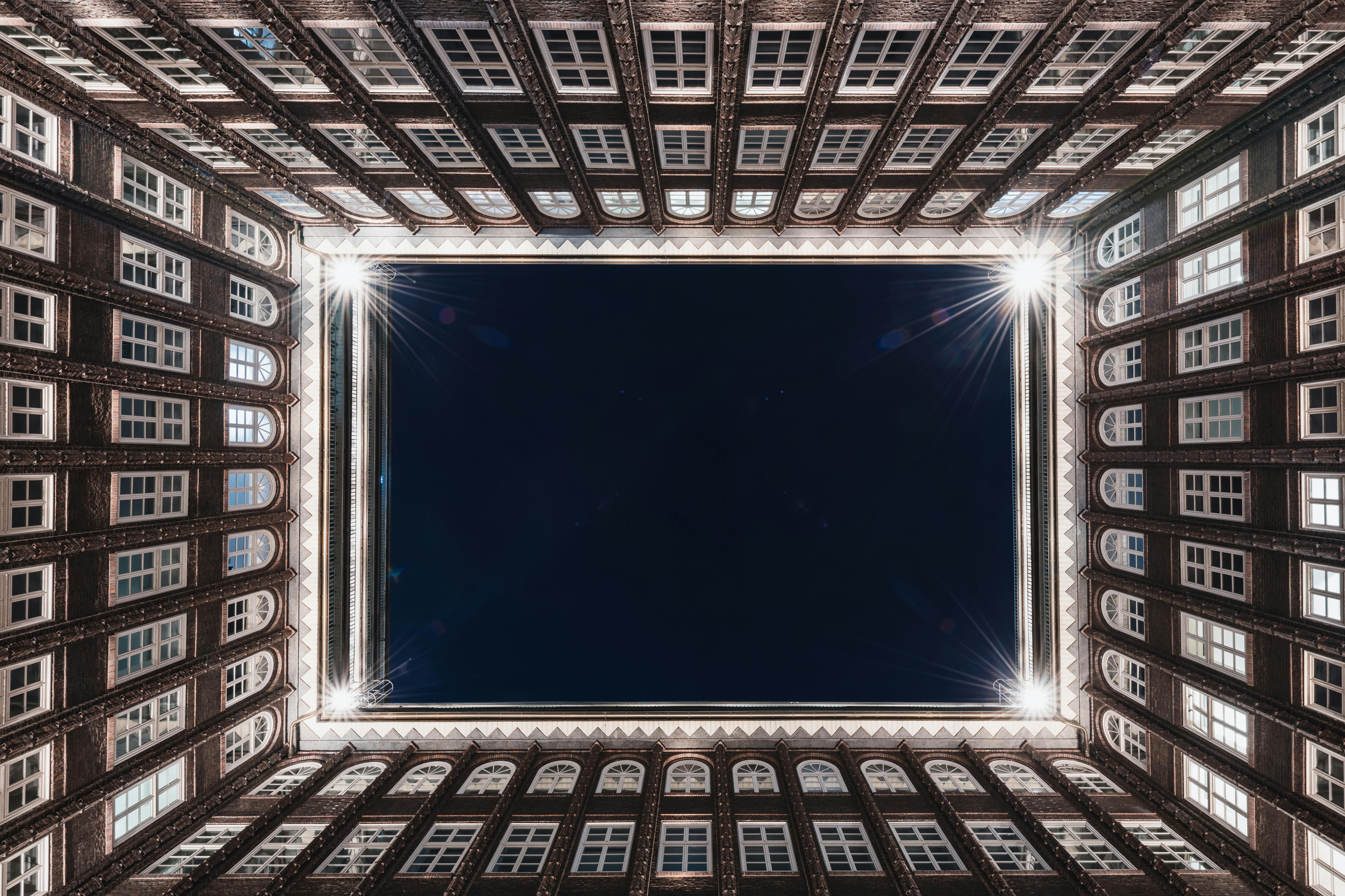 symmetrical view of hamburg office building at night