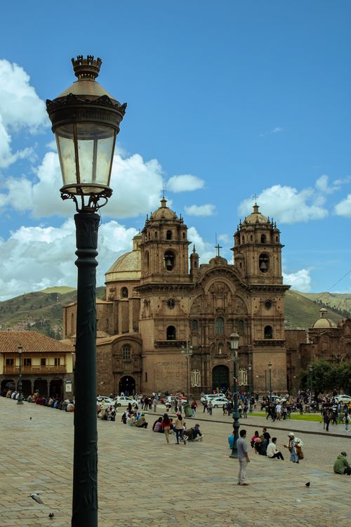 Free View of the historic Cusco Cathedral located in the vibrant Plaza de Armas, Perú. Stock Photo