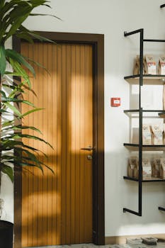 Warm interior space with a wooden door, shelves, and potted plant.