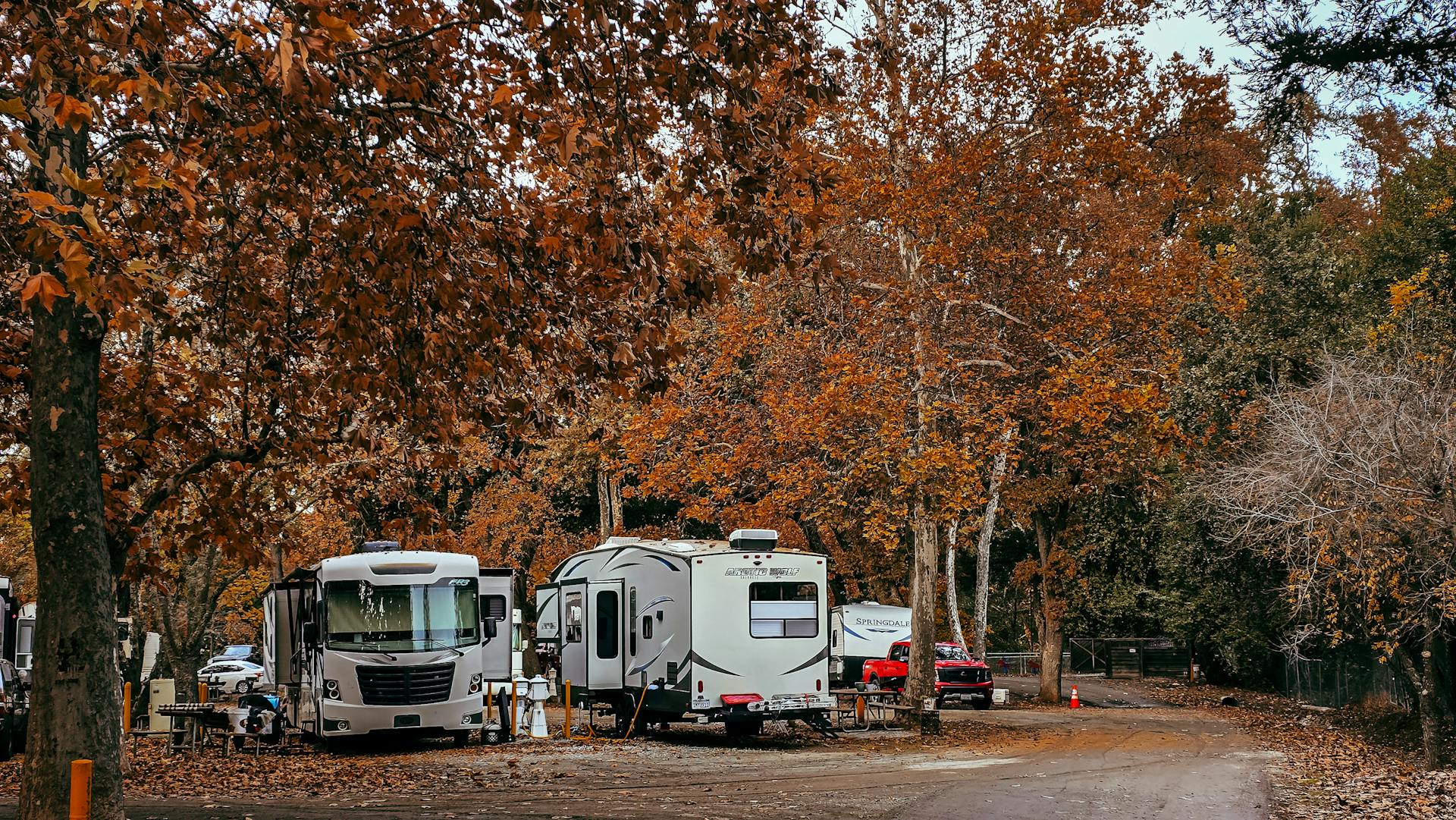 Cozy RV campsite surrounded by vibrant fall foliage in a serene forest.