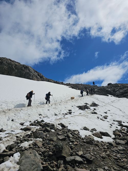Free Adventure seekers hiking on a snow-covered mountain under a clear blue sky. Stock Photo