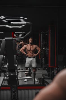 Bodybuilder in a gym flexing muscles, showcasing fitness and strength.