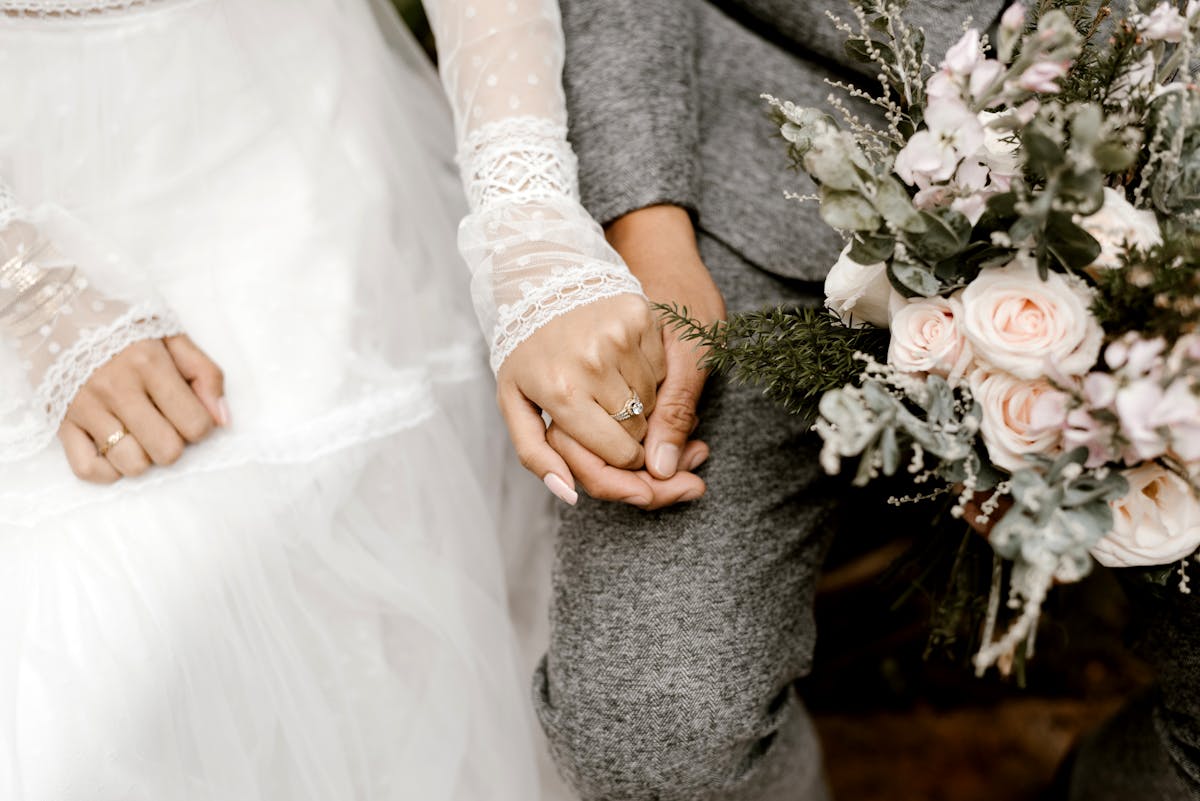 Muslim couple holding hands with wedding rings
