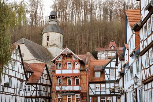 Free Traditional Fachwerk houses in Bad Sooden-Allendorf, Germany on a wintry day. Stock Photo