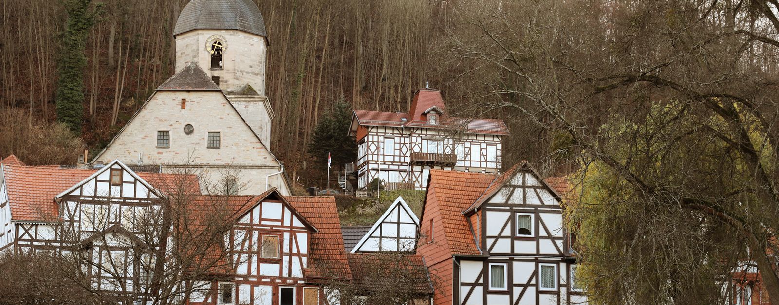 Scenic view of Fachwerk houses and a church in Bad Sooden-Allendorf, Hessen, Germany.