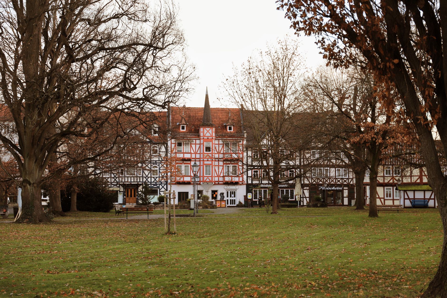 Traditional Fachwerk houses in a tranquil autumn setting, Bad Sooden-Allendorf, Germany.