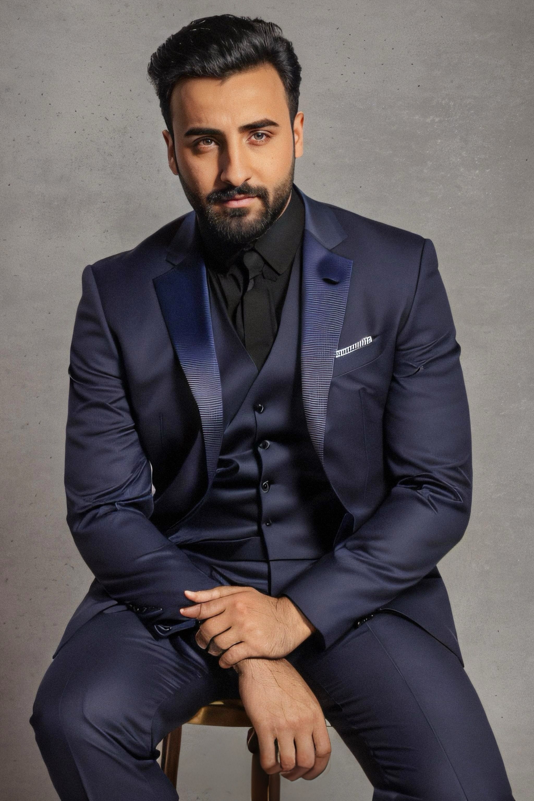 Handsome man in a navy suit sitting elegantly indoors with a confident look.