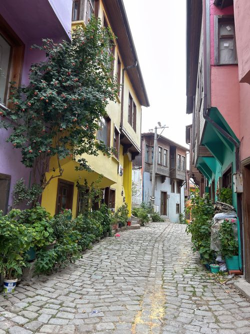 Free Charming narrow street with vibrant Ottoman-style houses in Bandırma, Türkiye. Stock Photo