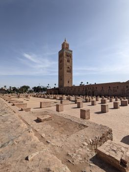 Capture of the iconic Koutoubia Mosque tower in Marrakesh under a clear daytime sky.