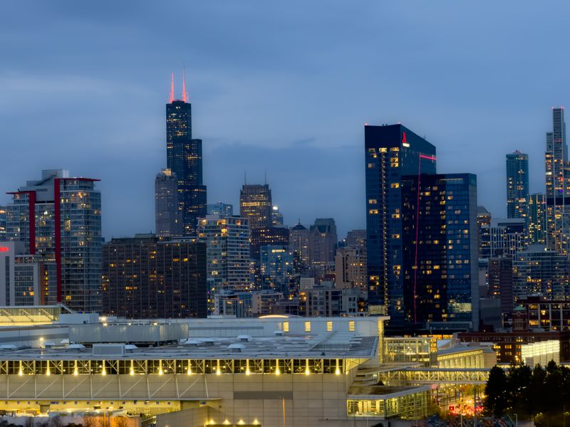 Aerial view of downtown Chicago and the Lake Michigan shoreline
